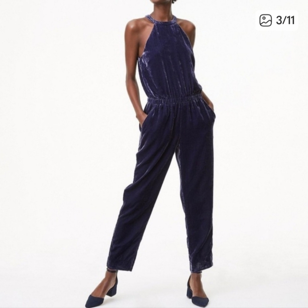 LOFT Velvet Halter Neck Sleeveless Jumpsuit Holiday Party Blue Purple Small